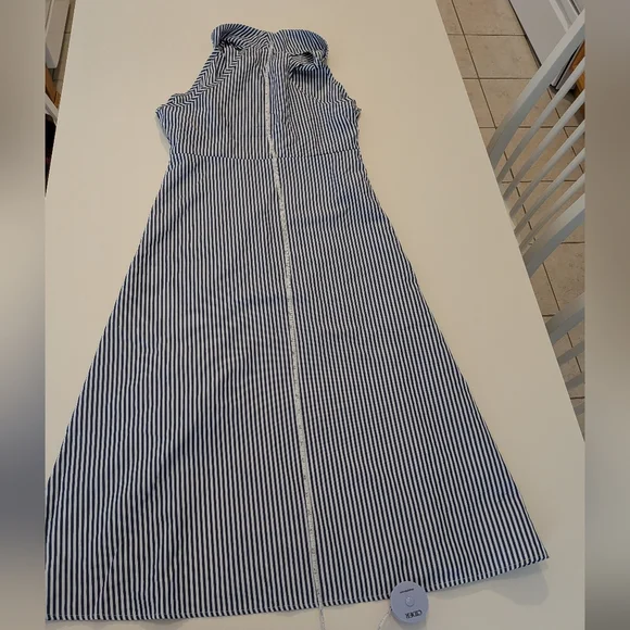 Rihoas Blue White Striped Halter Maxi Dress Collared Wrap Bodice Slit Size L - Picture 5 of 9